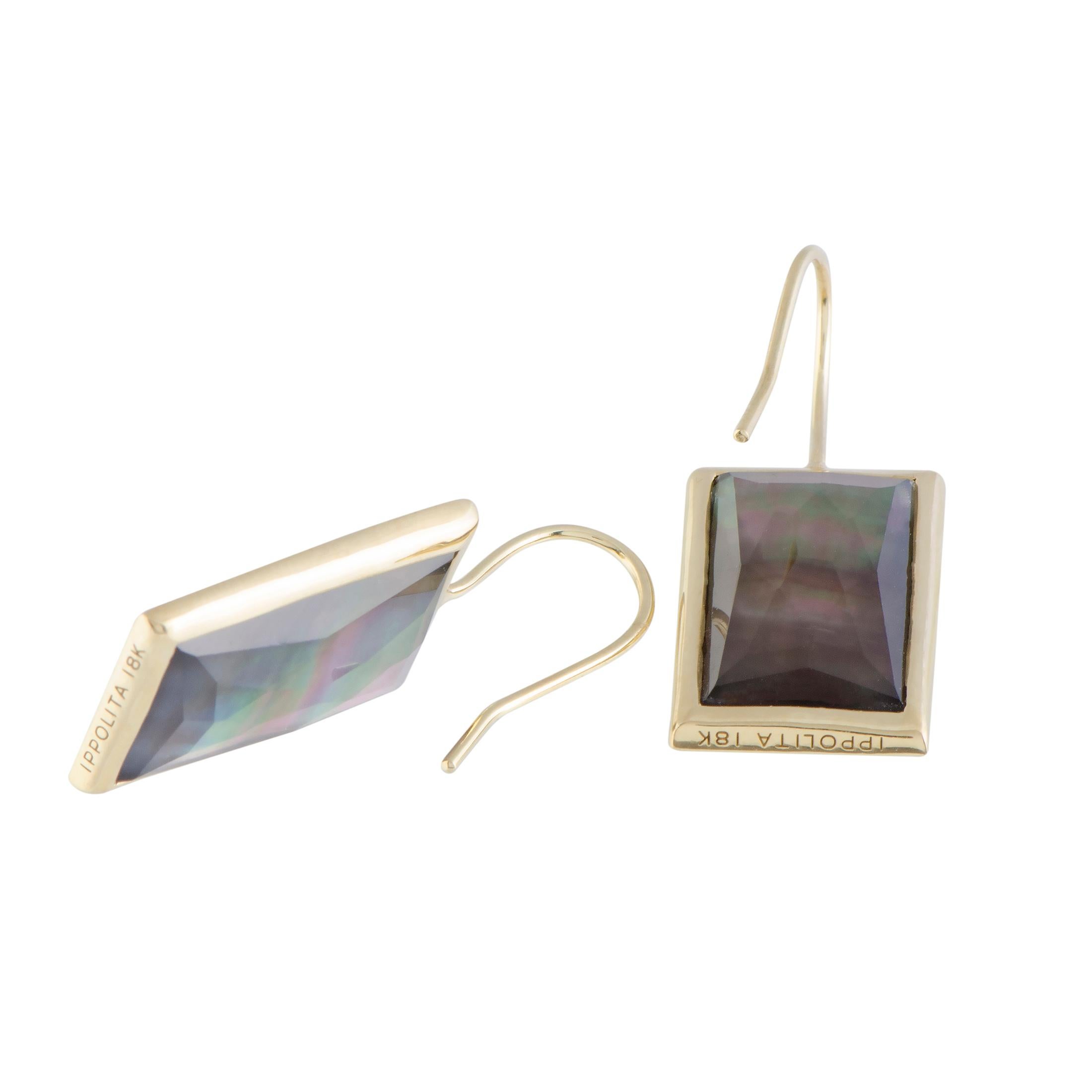 18 Karat Yellow Gold Diamond and Black Mother of Pearl Rectangular Earrings In Excellent Condition In Southampton, PA