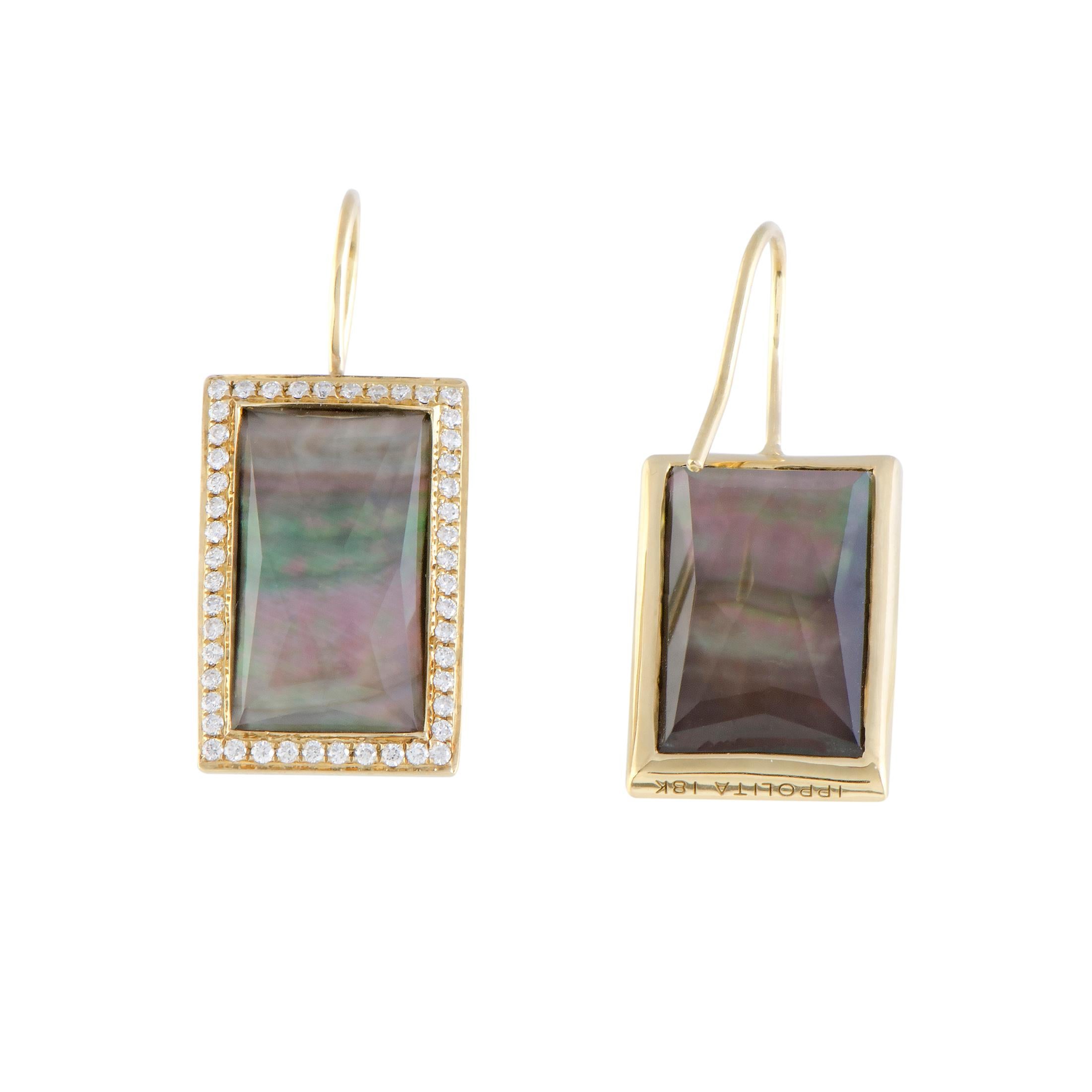 18 Karat Yellow Gold Diamond and Black Mother of Pearl Rectangular Earrings