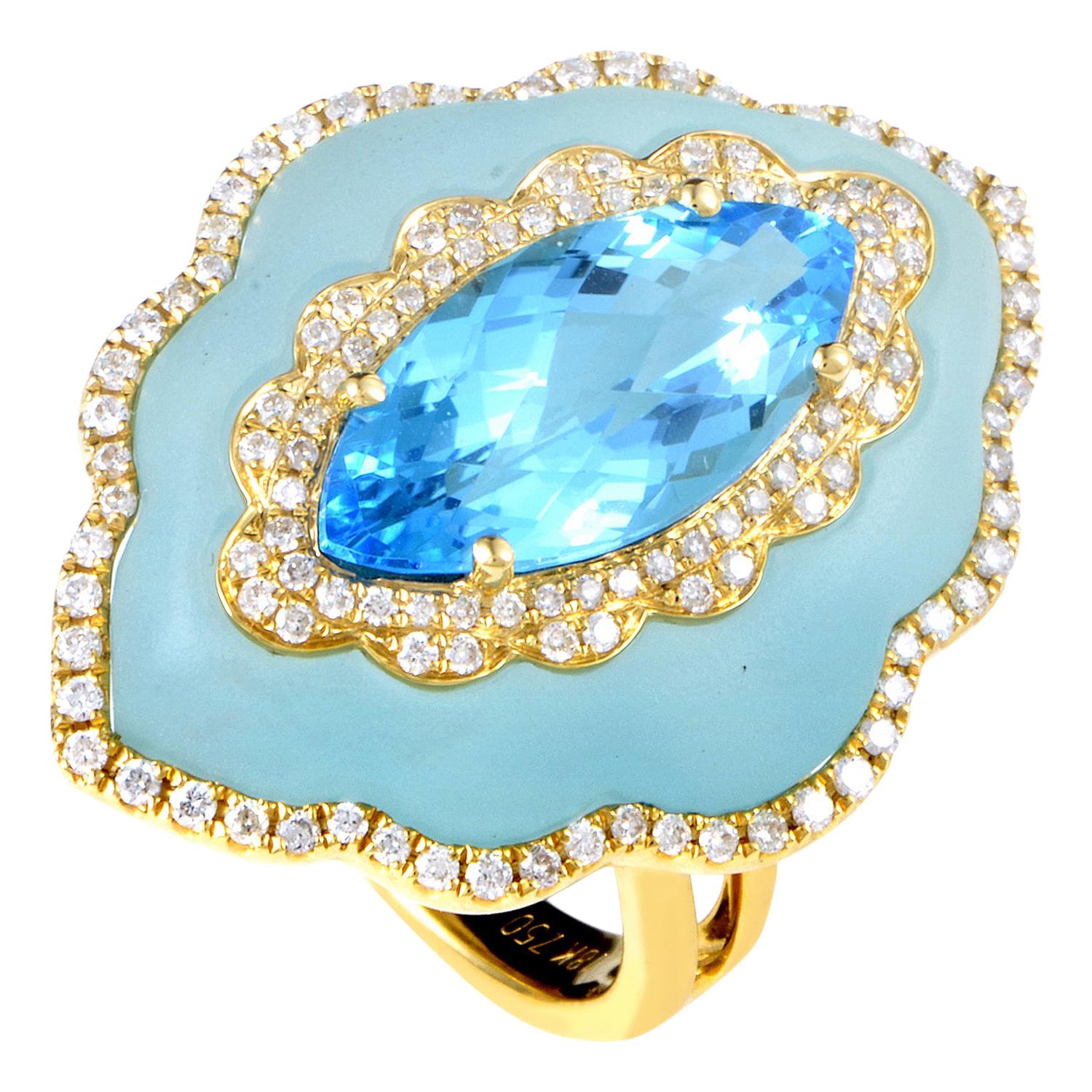 18 Karat Yellow Gold Diamond and Blue Topaz Gemstone Ring