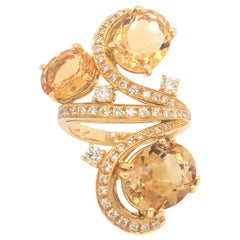 18 Karat Yellow Gold Diamond and Citrine Ring Made in Italy with Box