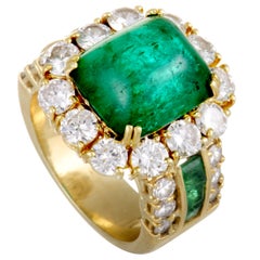 18 Karat Yellow Gold Diamond and Emerald Cabochon Ring