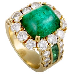 18 Karat Yellow Gold Diamond and Emerald Cabochon Ring