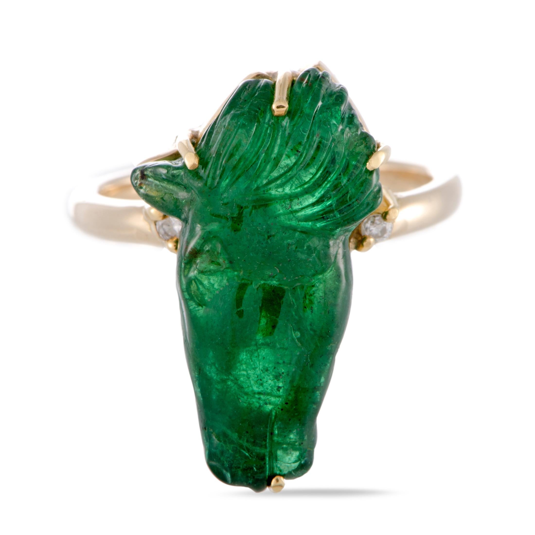 Women's 18 Karat Yellow Gold Diamond and Emerald Intaglio Horse Head Ring