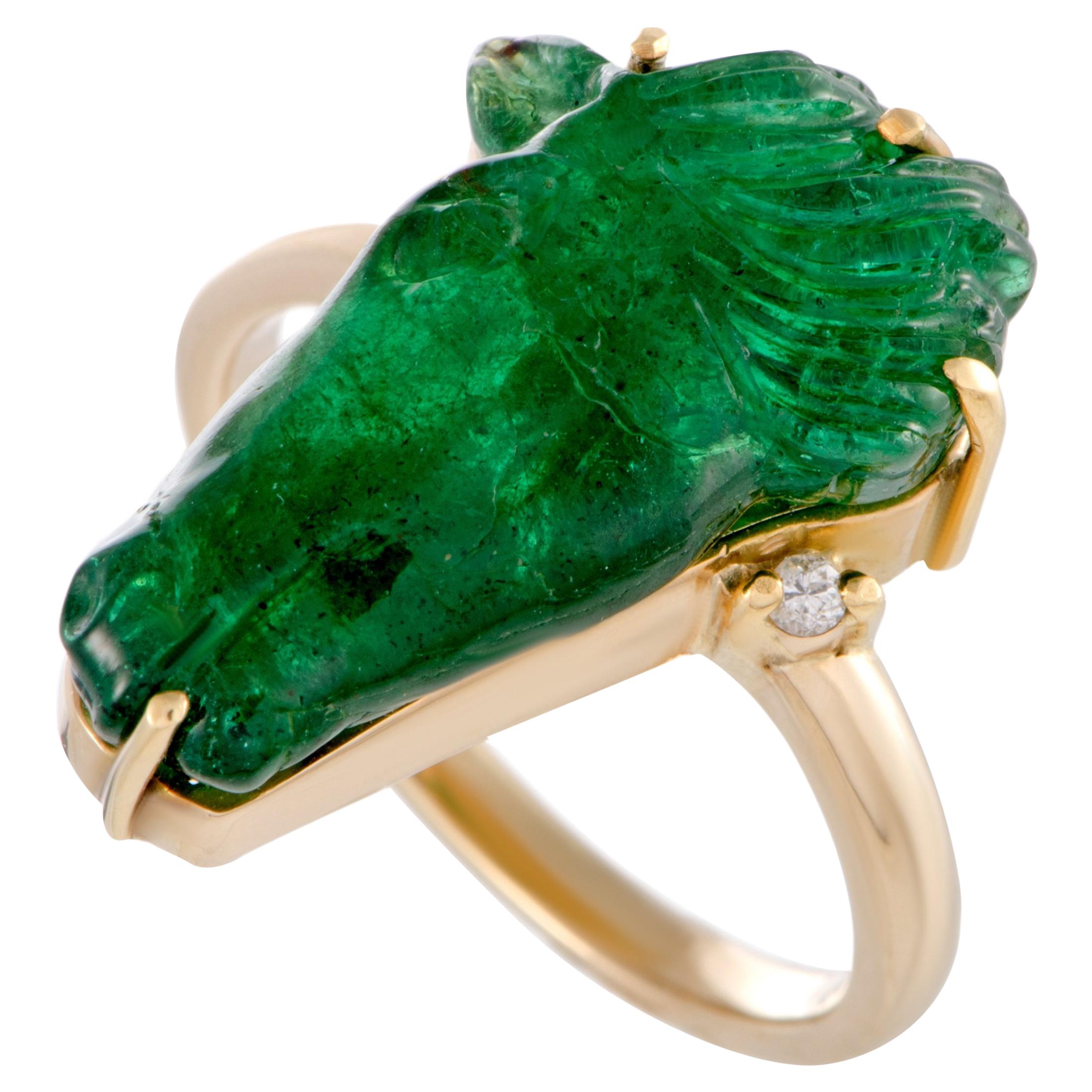 18 Karat Yellow Gold Diamond and Emerald Intaglio Horse Head Ring