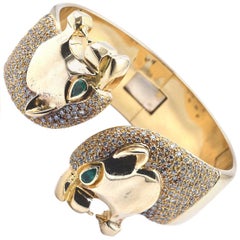 18 Karat Yellow Gold Diamond and Emerald Panther Bangle Bracelet