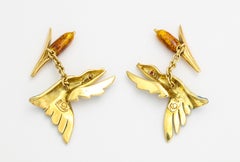 18 Karat Yellow Gold Enamel Duck and Reed Cufflinks with Diamond and Ruby