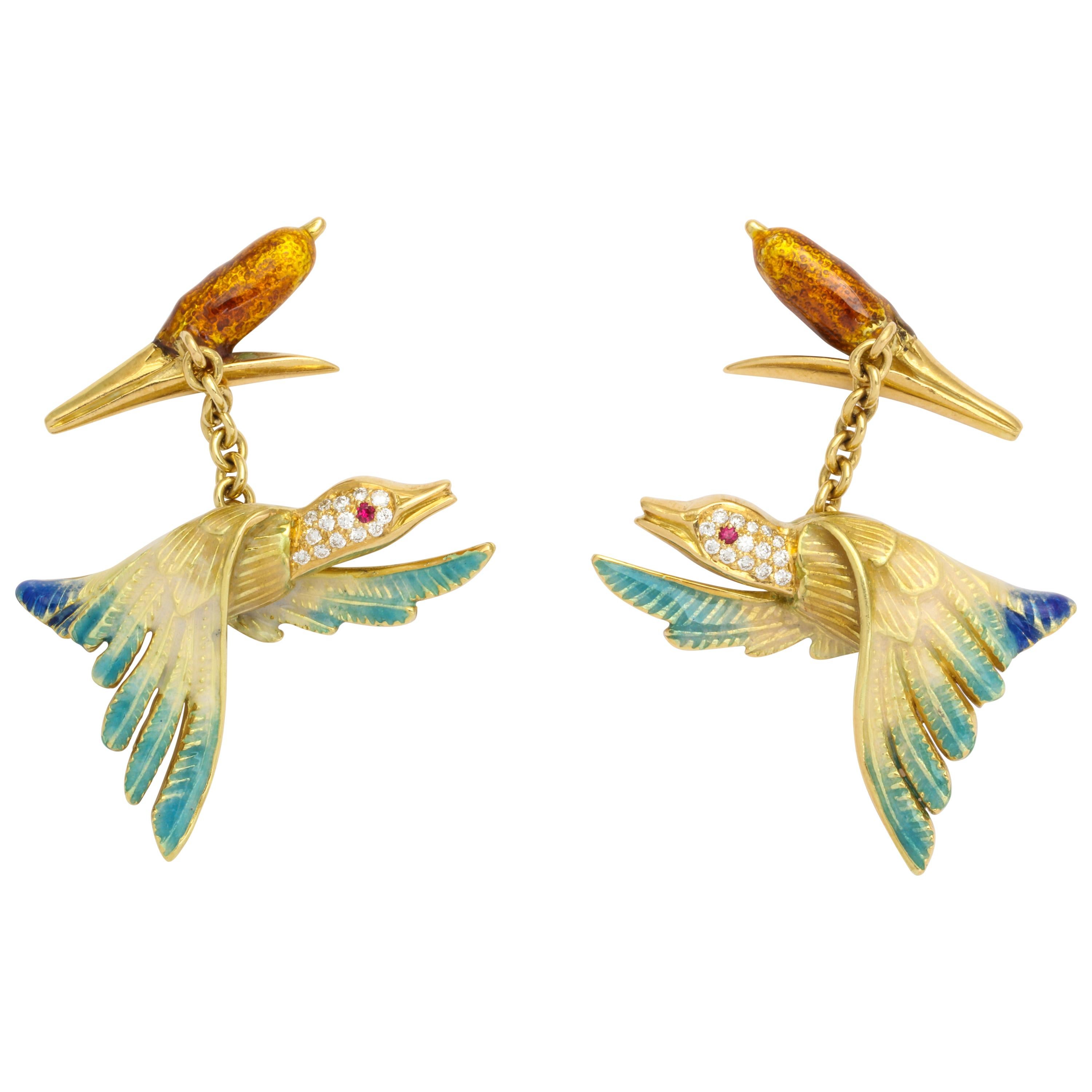 18 Karat Yellow Gold Enamel Duck and Reed Cufflinks with Diamond and Ruby  For Sale