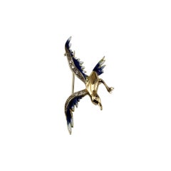 18 Karat Yellow Gold Diamond and Enamel Heron Brooch/Pin #20025