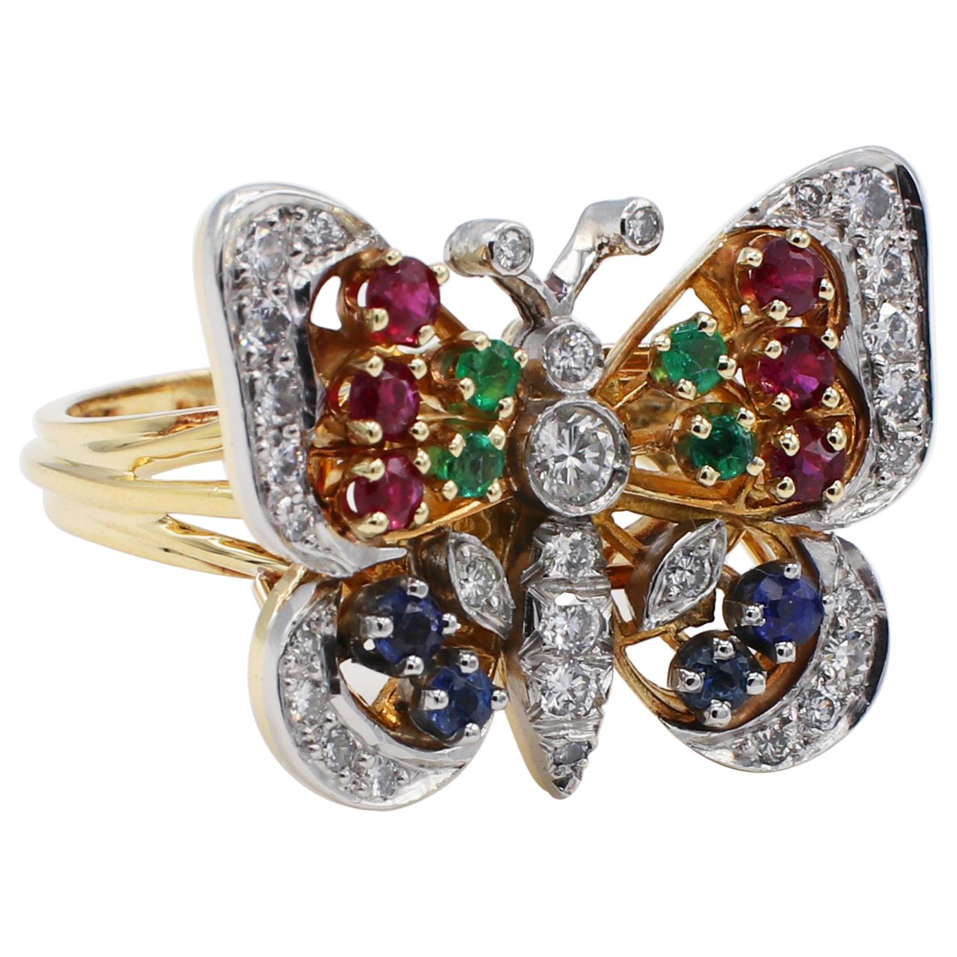 18 Karat Yellow Gold Diamond and Gemstone Butterfly Cocktail Ring
