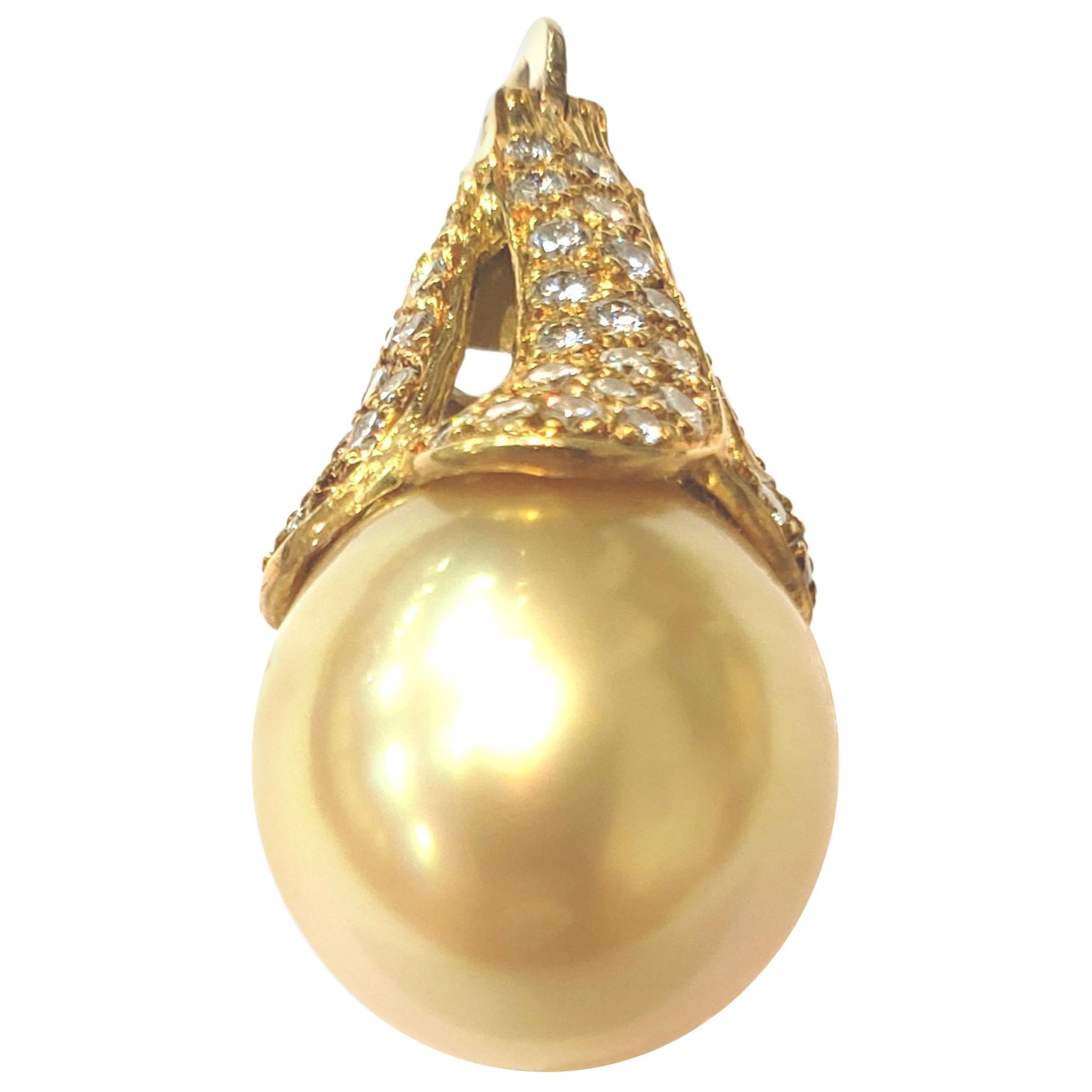 18 Karat Yellow Gold, Diamond and Golden South Sea Pearl Enhancer For Sale