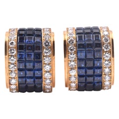 18 Karat Yellow Gold Diamond and Invisible Set Sapphire Earrings