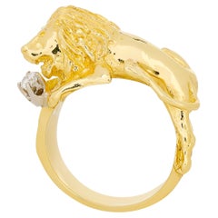 18 Karat Yellow Gold Diamond and Lion Body Ring