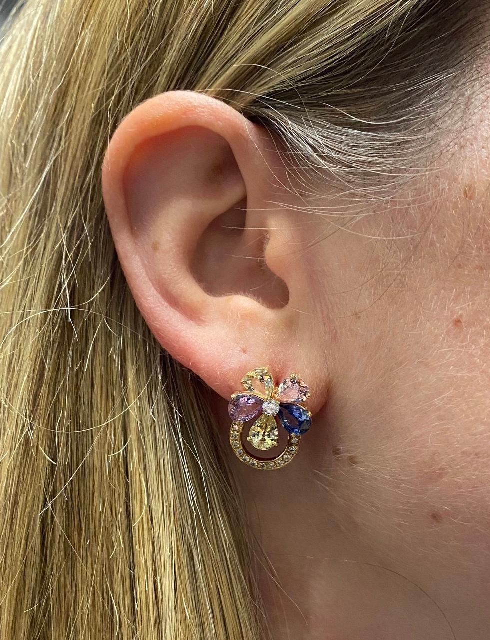 18 Karat Yellow Gold Diamond and Multi-Color Sapphire Flower Earrings 3