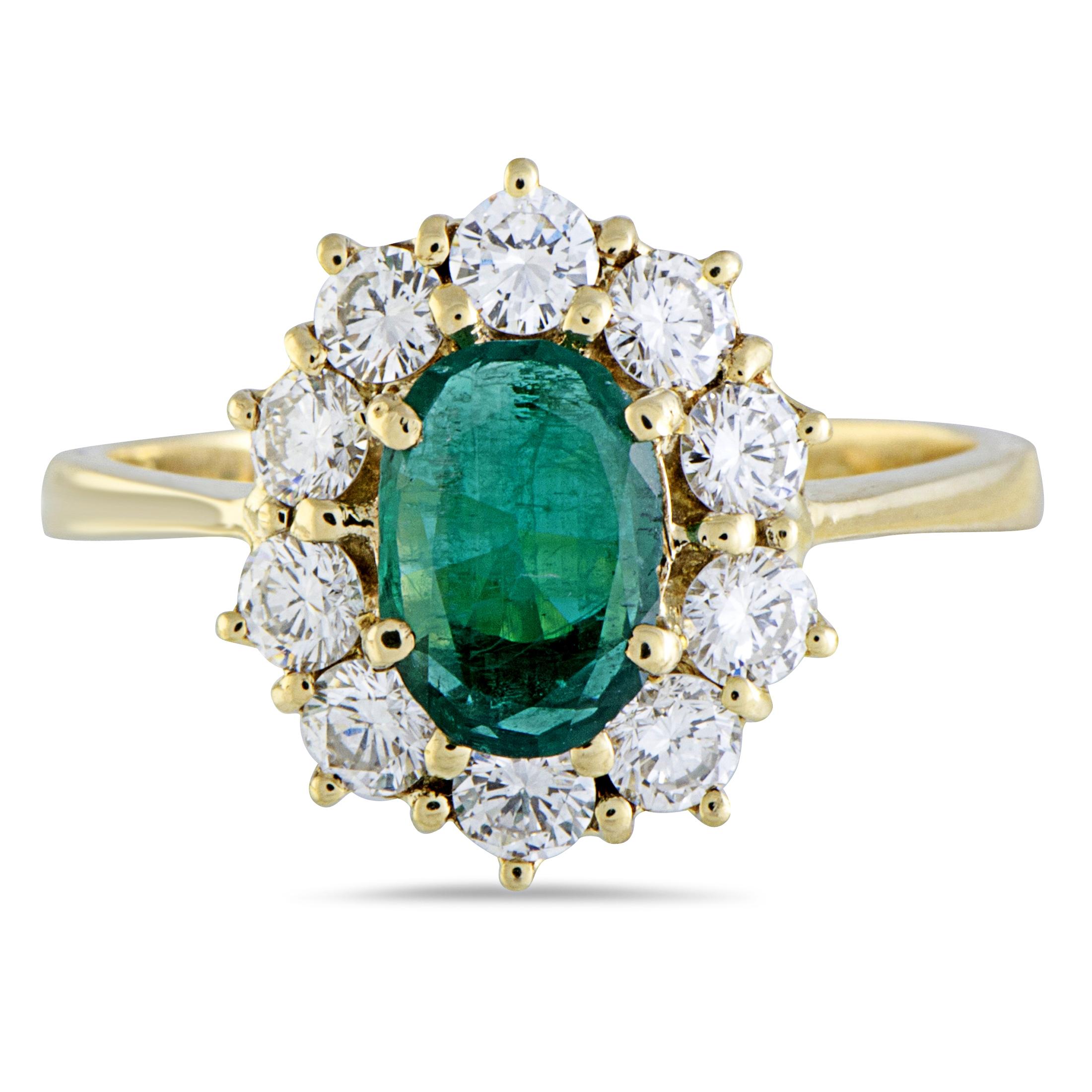 18 Karat Yellow Gold Diamond and Oval Emerald Ring 1
