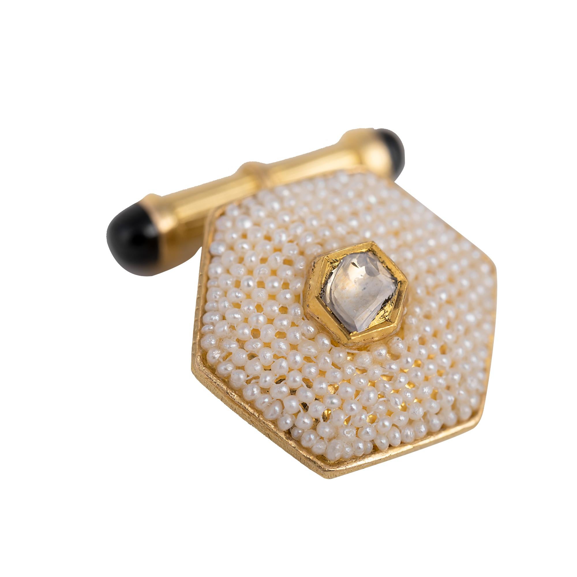 Anglo-Indian 18 Karat Yellow Gold Diamond and Pearl Cufflinks For Sale