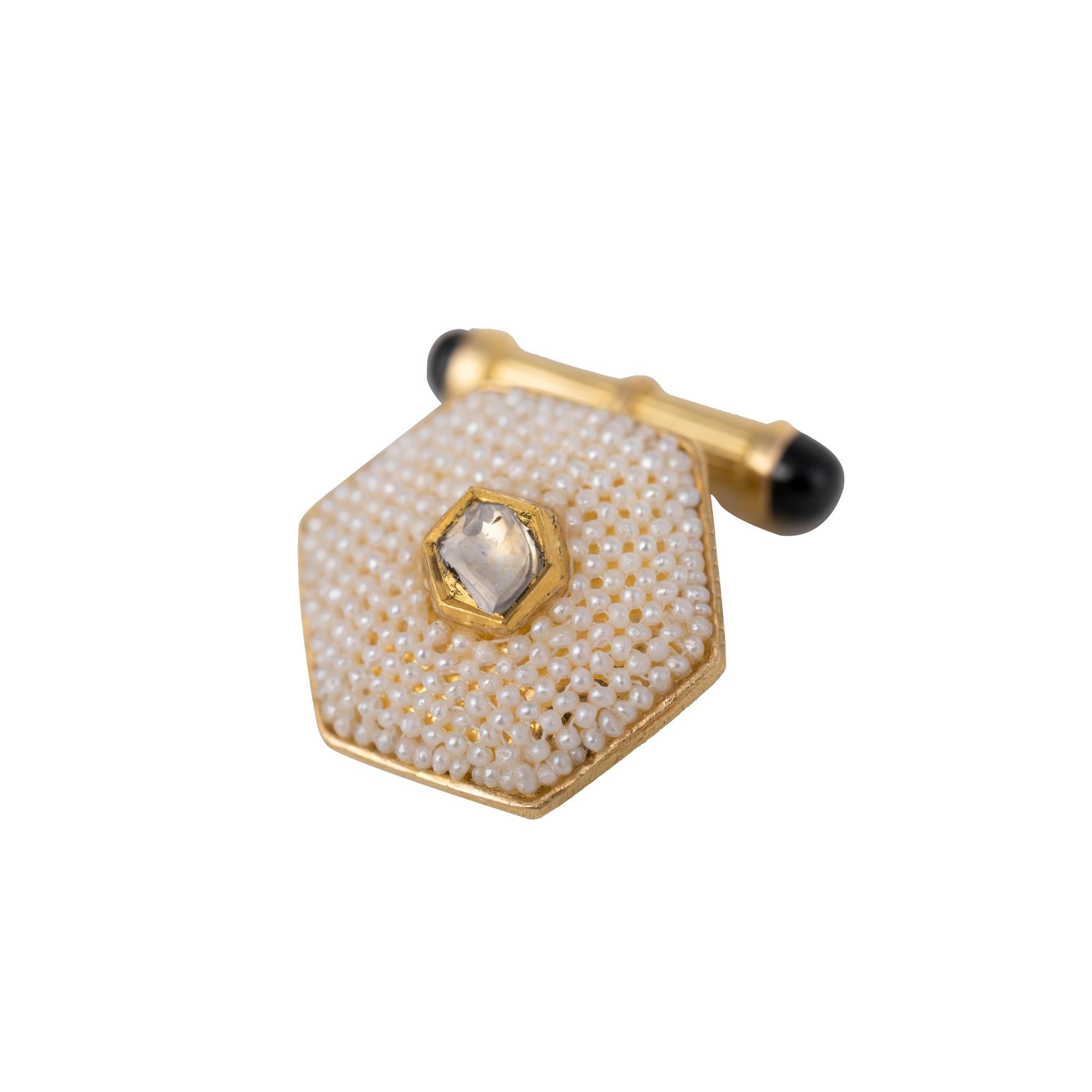 Uncut 18 Karat Yellow Gold Diamond and Pearl Cufflinks For Sale