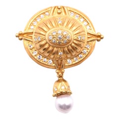 18 Karat Yellow Gold Diamond and Pearl Dangle Brooch/Pendant