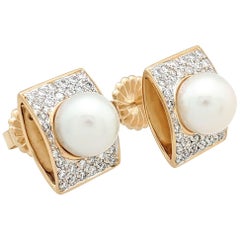 18 Karat Yellow Gold Diamond and Pearl Earrings