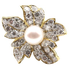 18 Karat Yellow Gold Diamond and Pearl Flower Brooch Pin