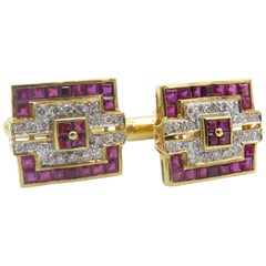 18 Karat Yellow Gold Diamond and Ruby Art Deco Style Cuff Links