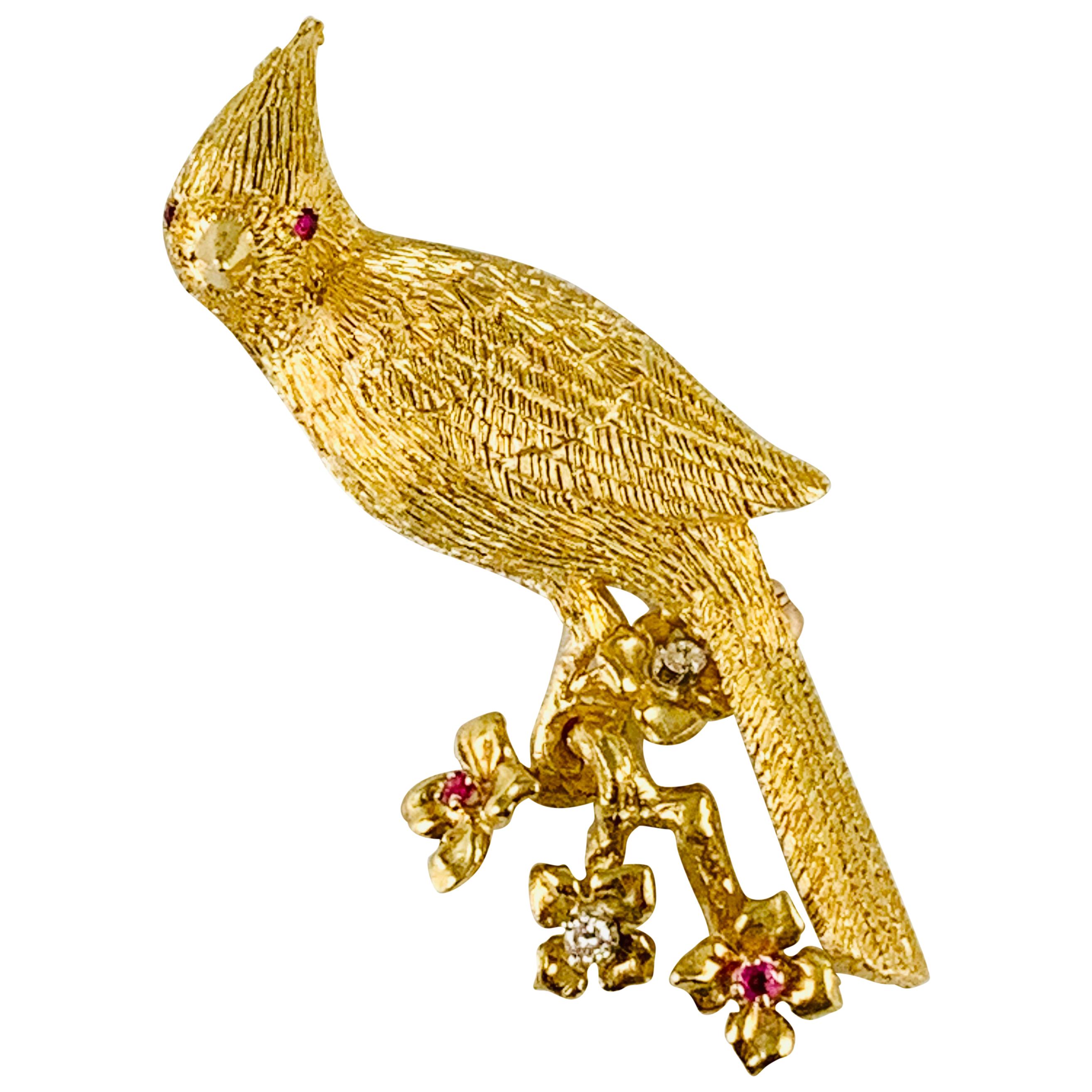 18 Karat Yellow Gold Diamond and Ruby Bird Brooch / Pin