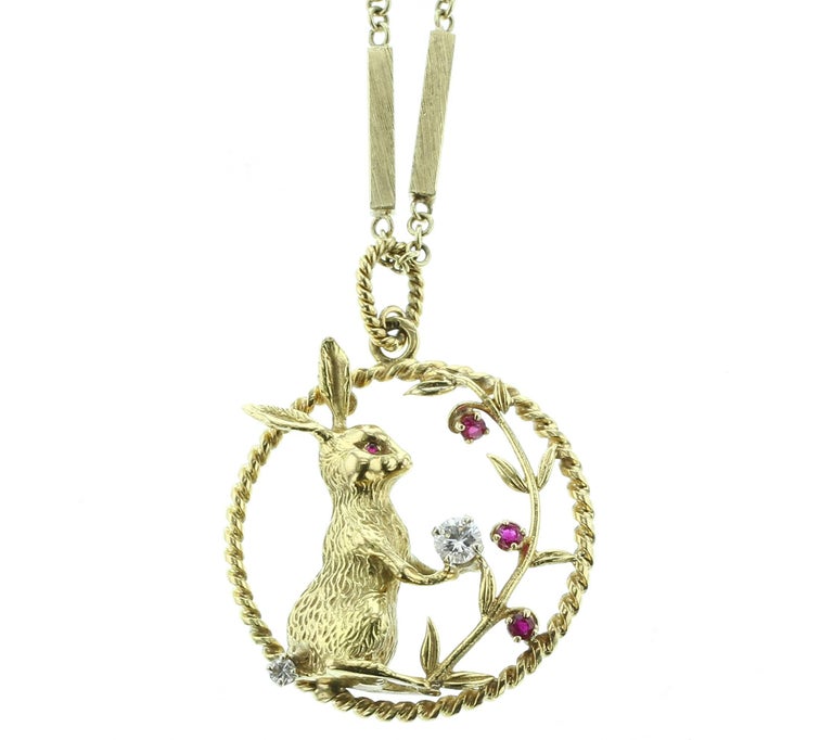 18 Karat Yellow Gold, Diamond and Ruby Bunny Pendant and Neck Chain at ...