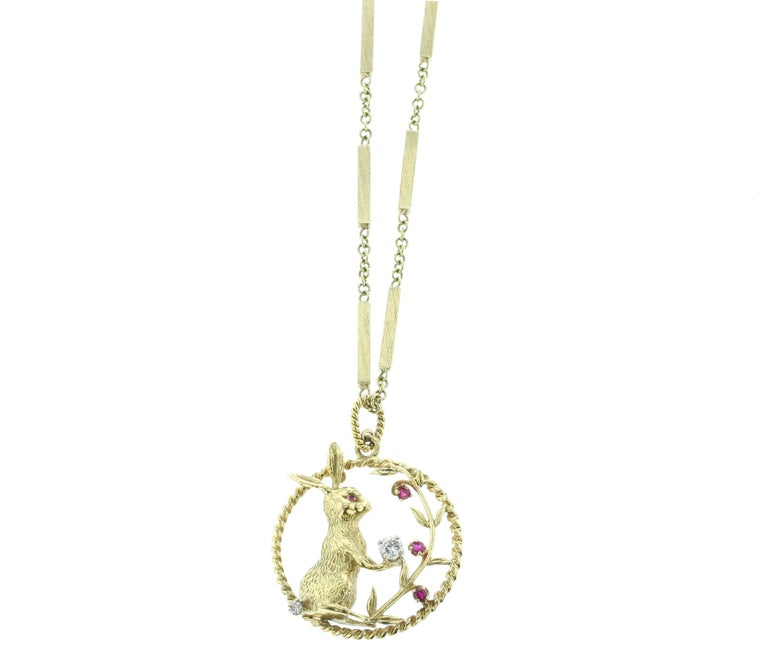 18 Karat Yellow Gold, Diamond and Ruby Bunny Pendant and Neck Chain at ...