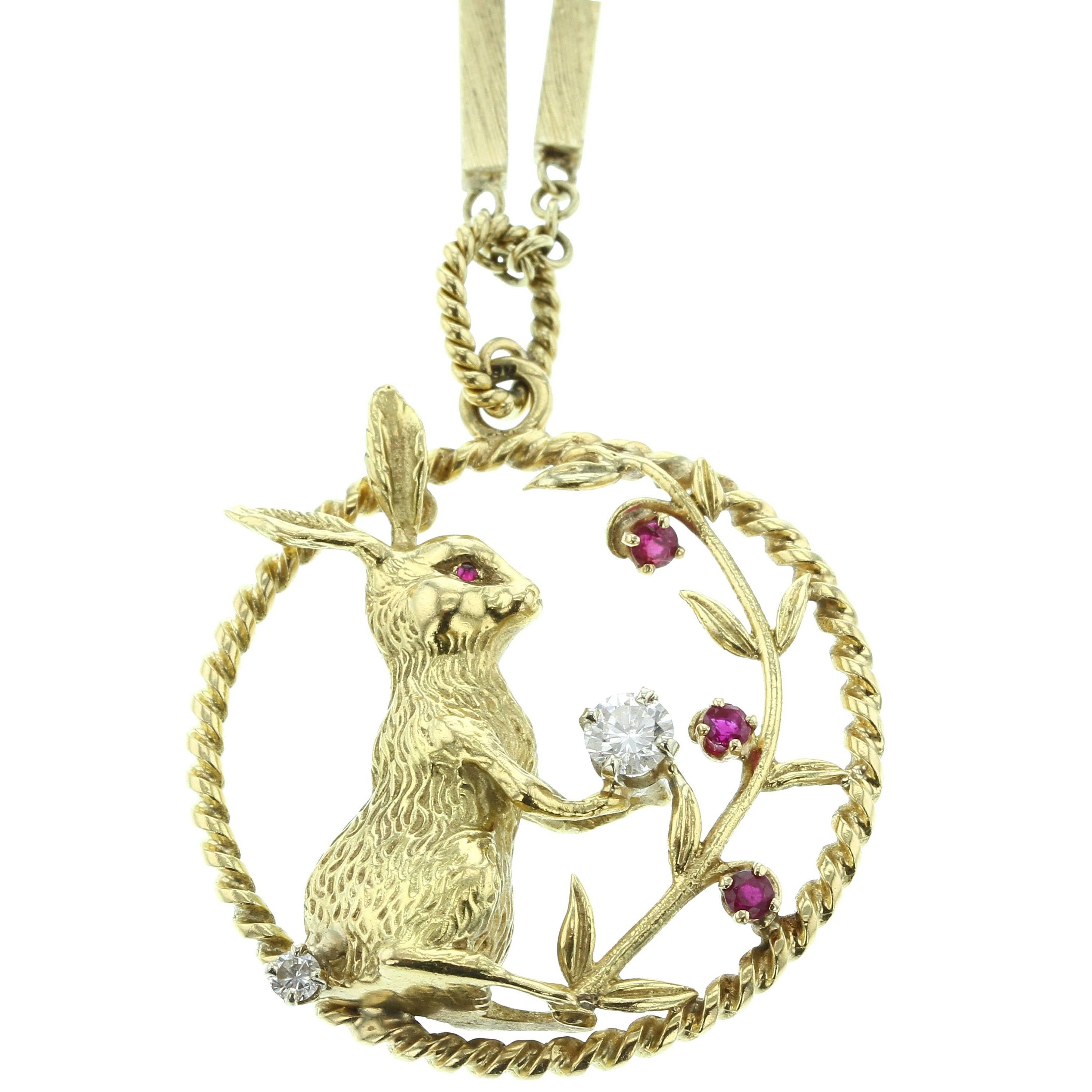 18 Karat Yellow Gold, Diamond and Ruby Bunny Pendant and Neck Chain