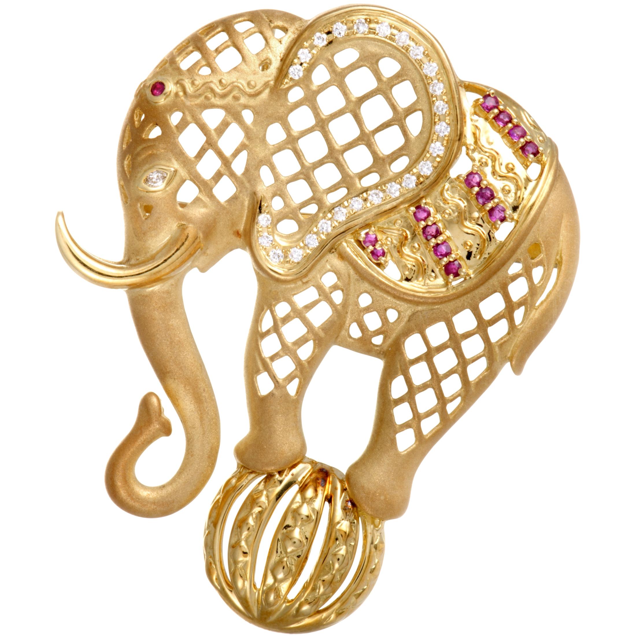 18 Karat Yellow Gold Diamond and Ruby Circus Elephant Pendant/Brooch