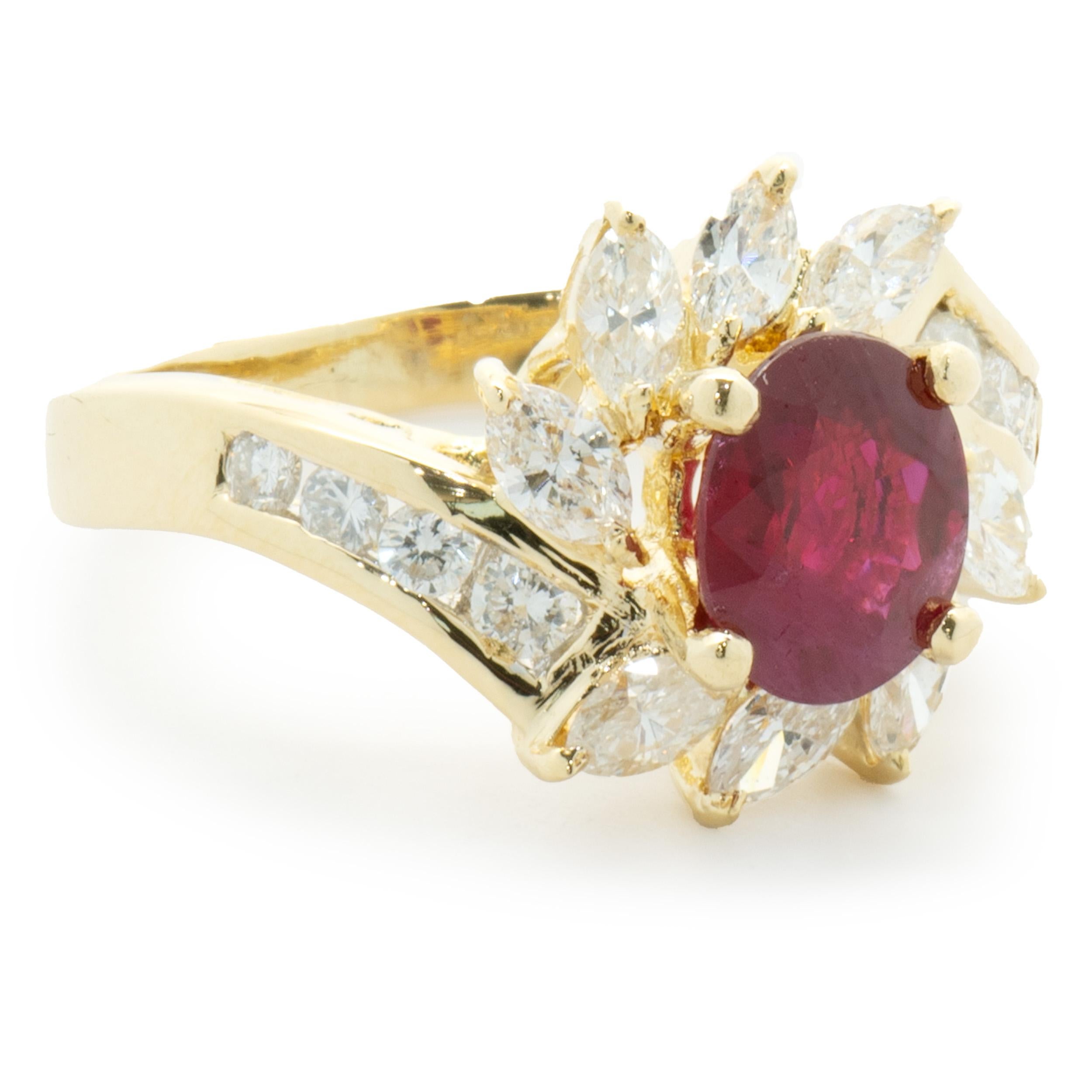 Round Cut 18 Karat Yellow Gold Diamond and Ruby Cocktail Ring For Sale