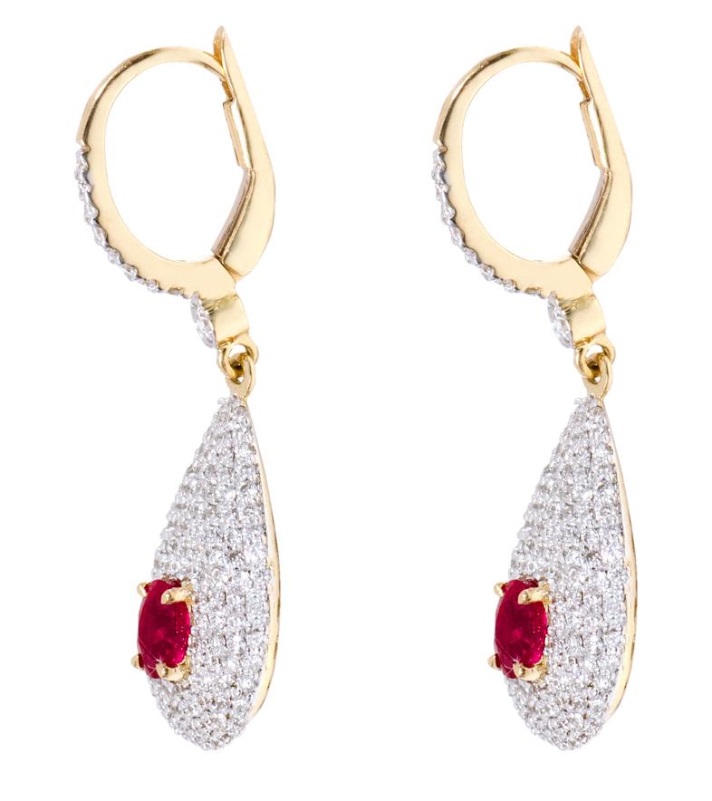 Oval Cut 18 Karat Yellow Gold Diamond and Ruby Drop Earrings For Sale