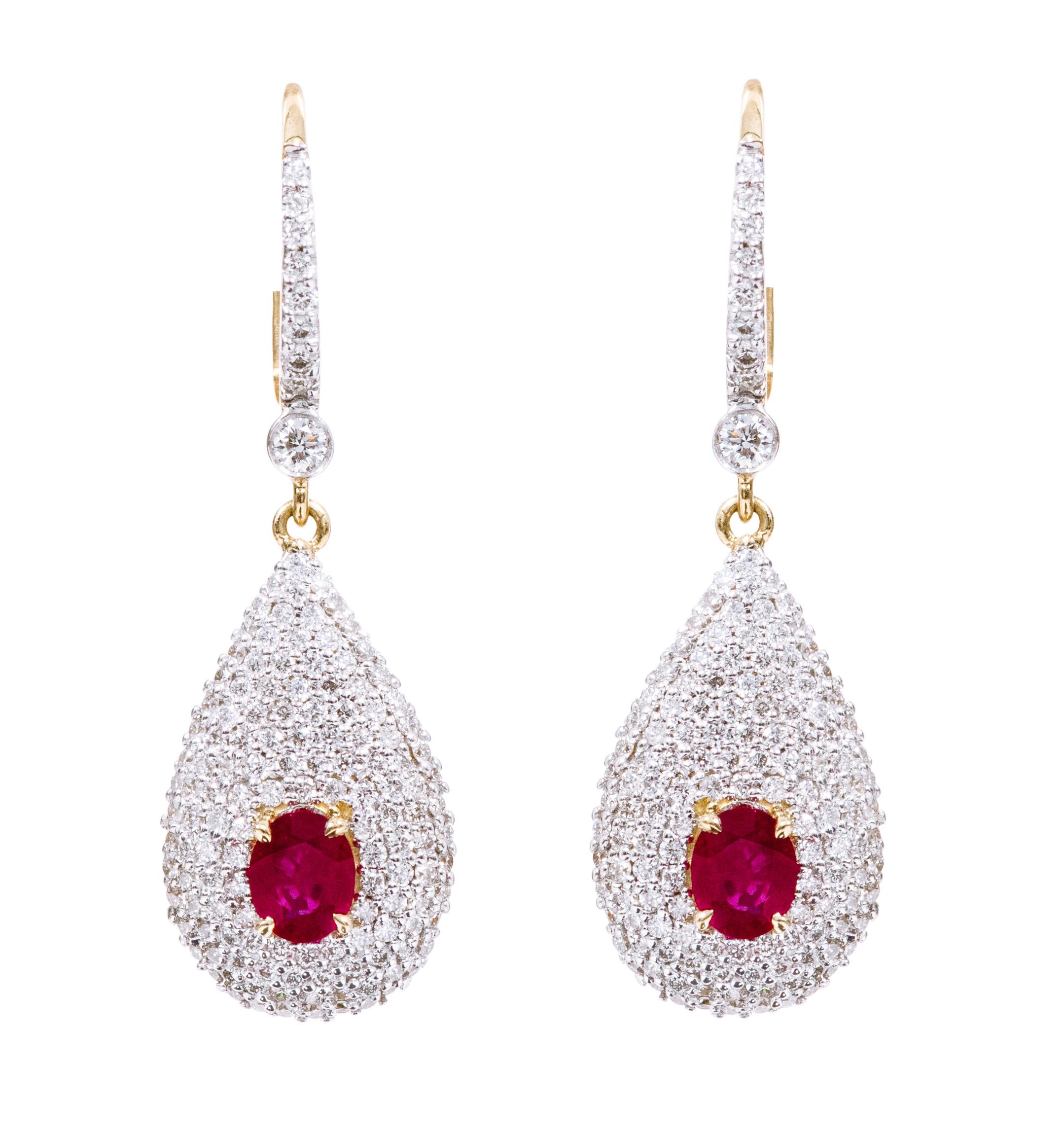 Women's 18 Karat Yellow Gold Diamond and Ruby Drop Earrings For Sale