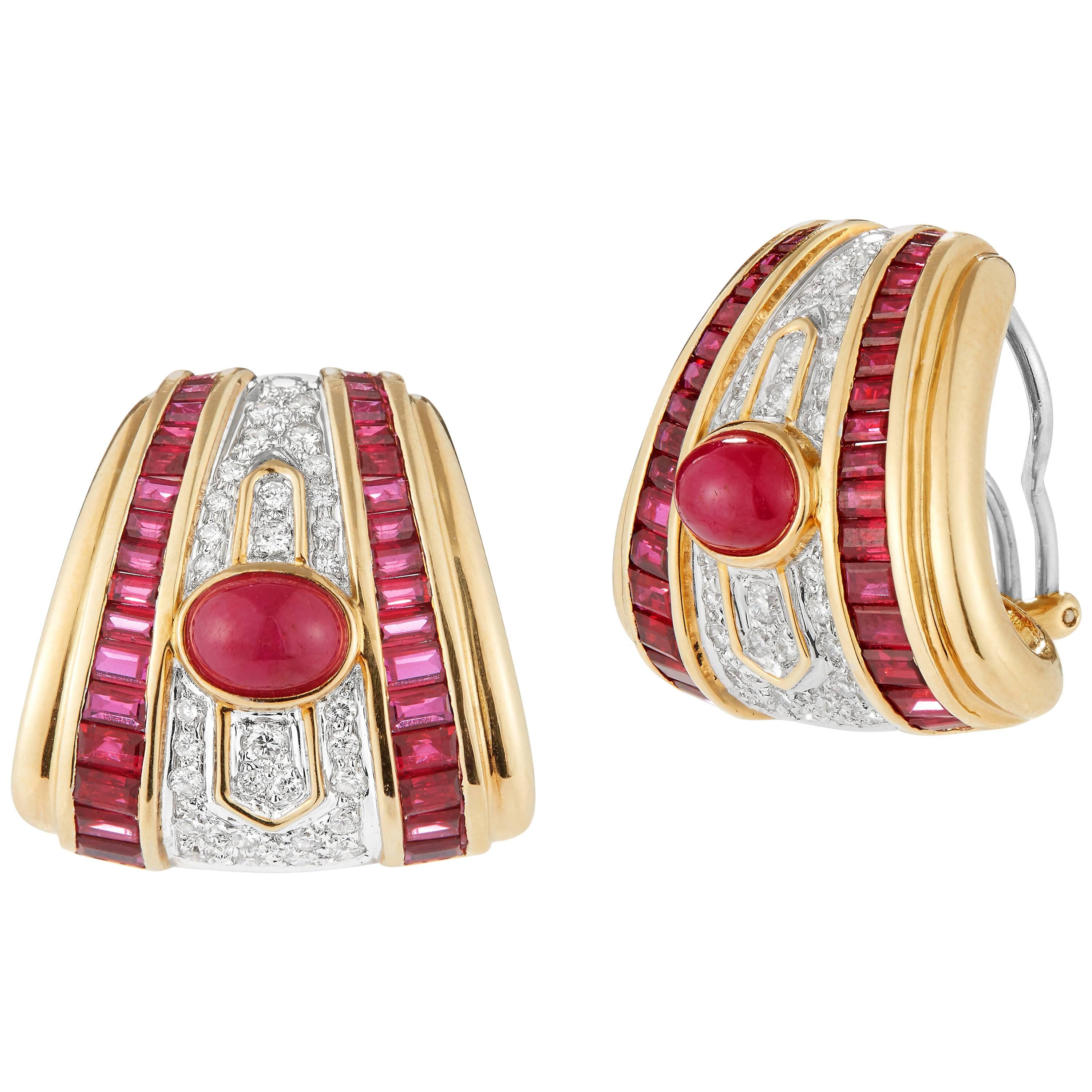 18 Karat Yellow Gold Diamond and Ruby Elegant Earrings