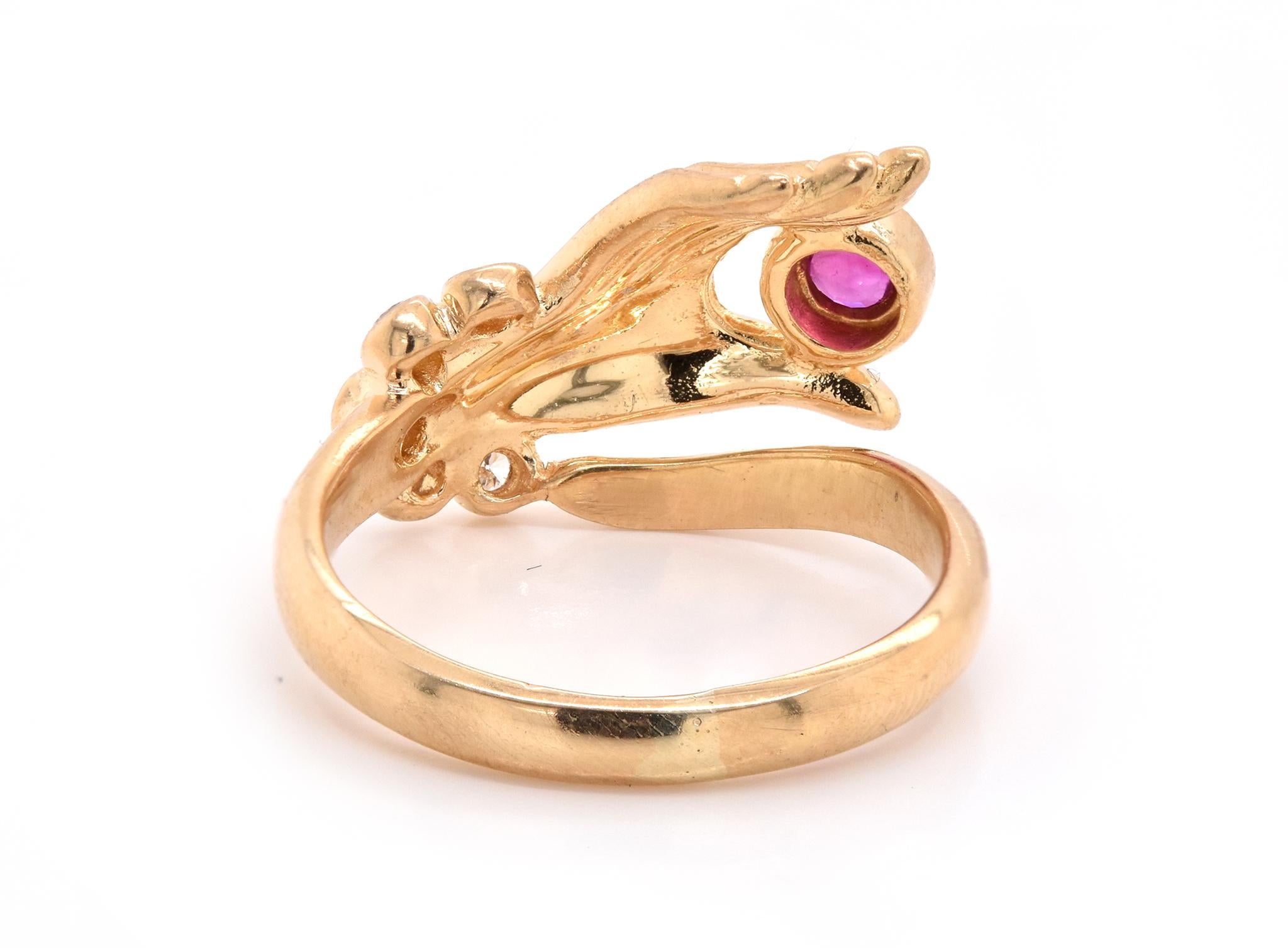 Mixed Cut 18 Karat Yellow Gold Diamond and Ruby Hand Ring For Sale