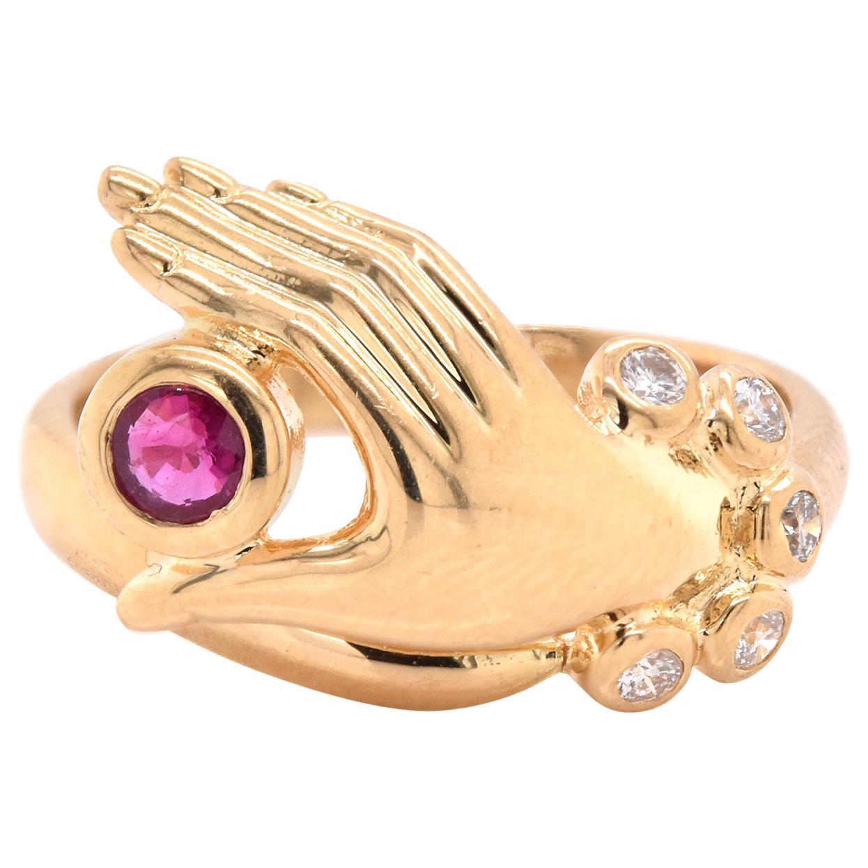 18 Karat Yellow Gold Diamond and Ruby Hand Ring For Sale
