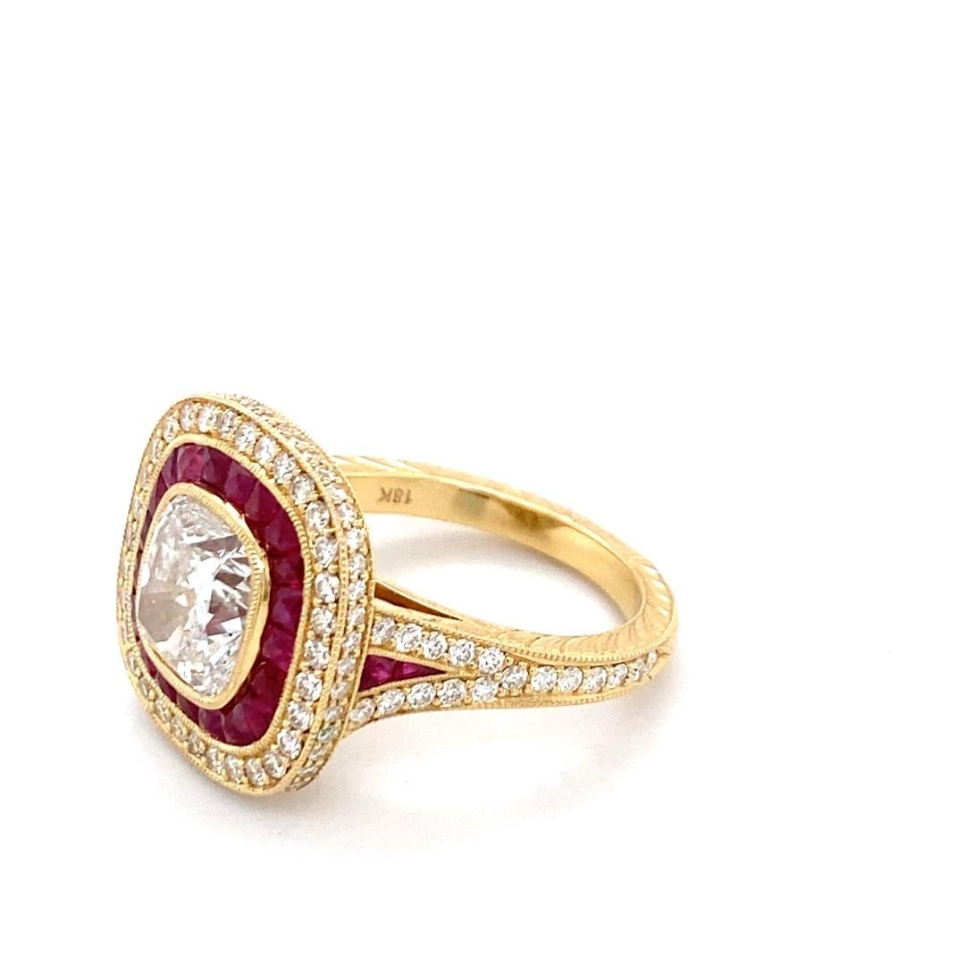 Round Cut 18 Karat Yellow Gold Diamond and Ruby Ring For Sale