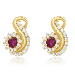 18 Karat Yellow Gold Diamond and Ruby Swirl Earrings