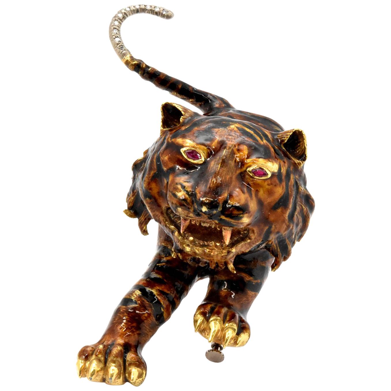 18 Karat Yellow Gold, Diamond and Ruby Tiger Pin/Brooch