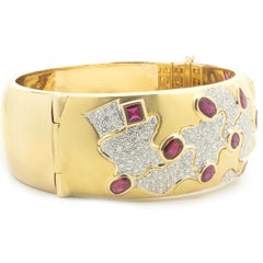 18 Karat Yellow Gold Diamond and Ruby Wide Bangle Bracelet