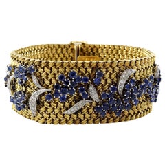 18 Karat Yellow Gold Diamond and Sapphire Vintage Floral Bracelet