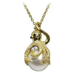 18 Karat Yellow Gold Diamond and South Sea Pearl "Octopus" Necklace