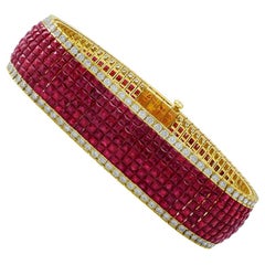 18 Karat Yellow Gold Diamond and Synthetic Ruby Invisible Set Bracelet
