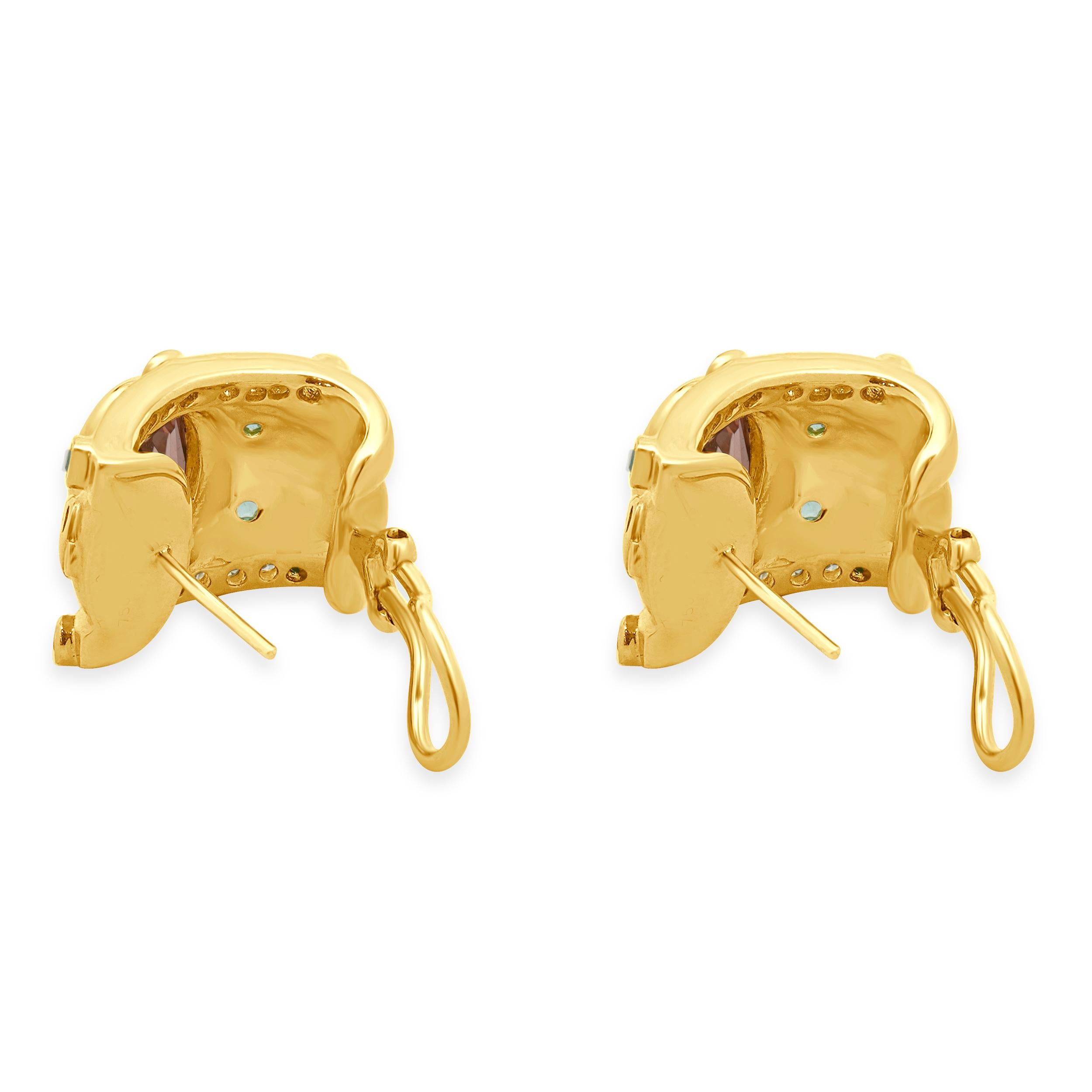 Round Cut 18 Karat Yellow Gold Diamond and Tourmaline Earrings For Sale