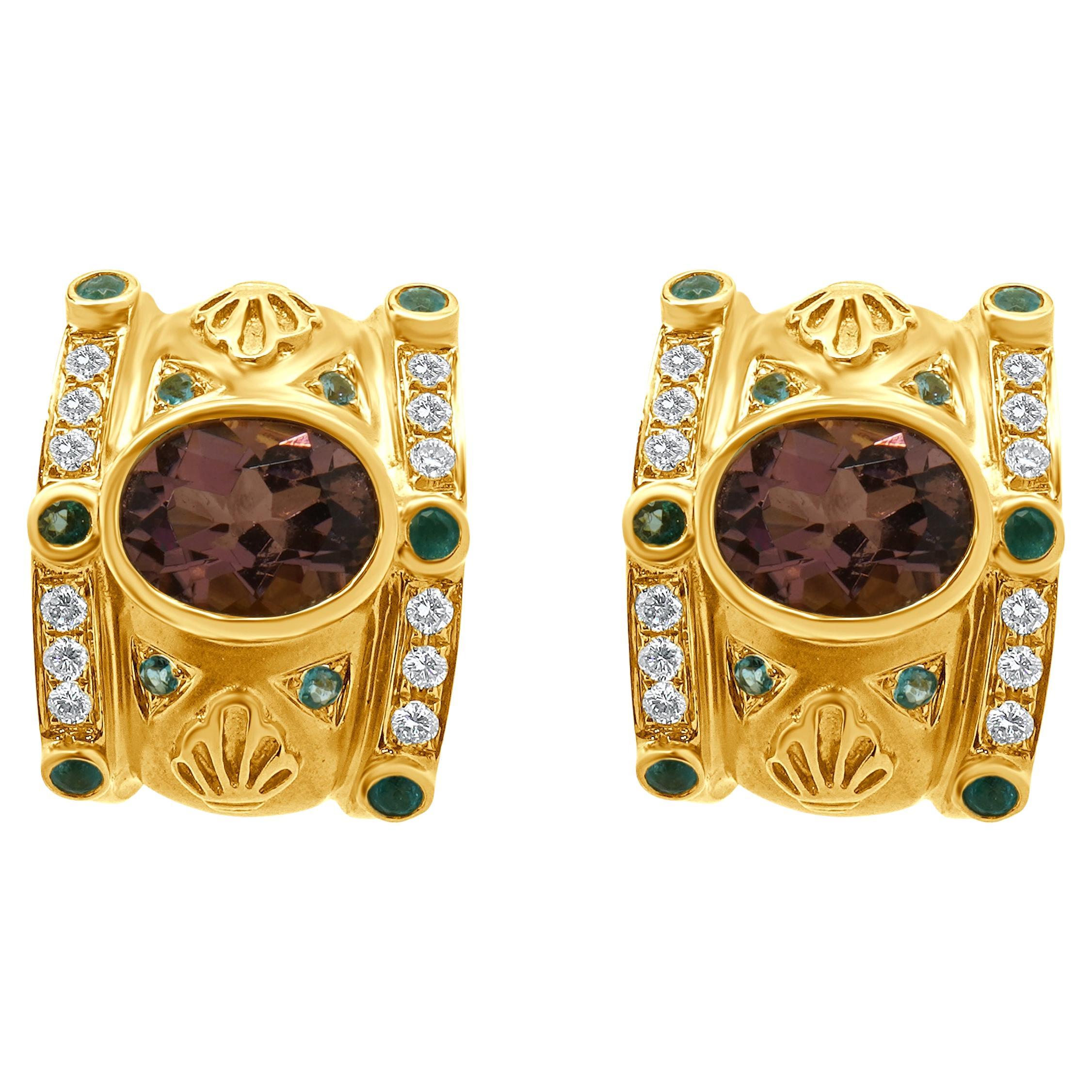 18 Karat Yellow Gold Diamond and Tourmaline Earrings For Sale
