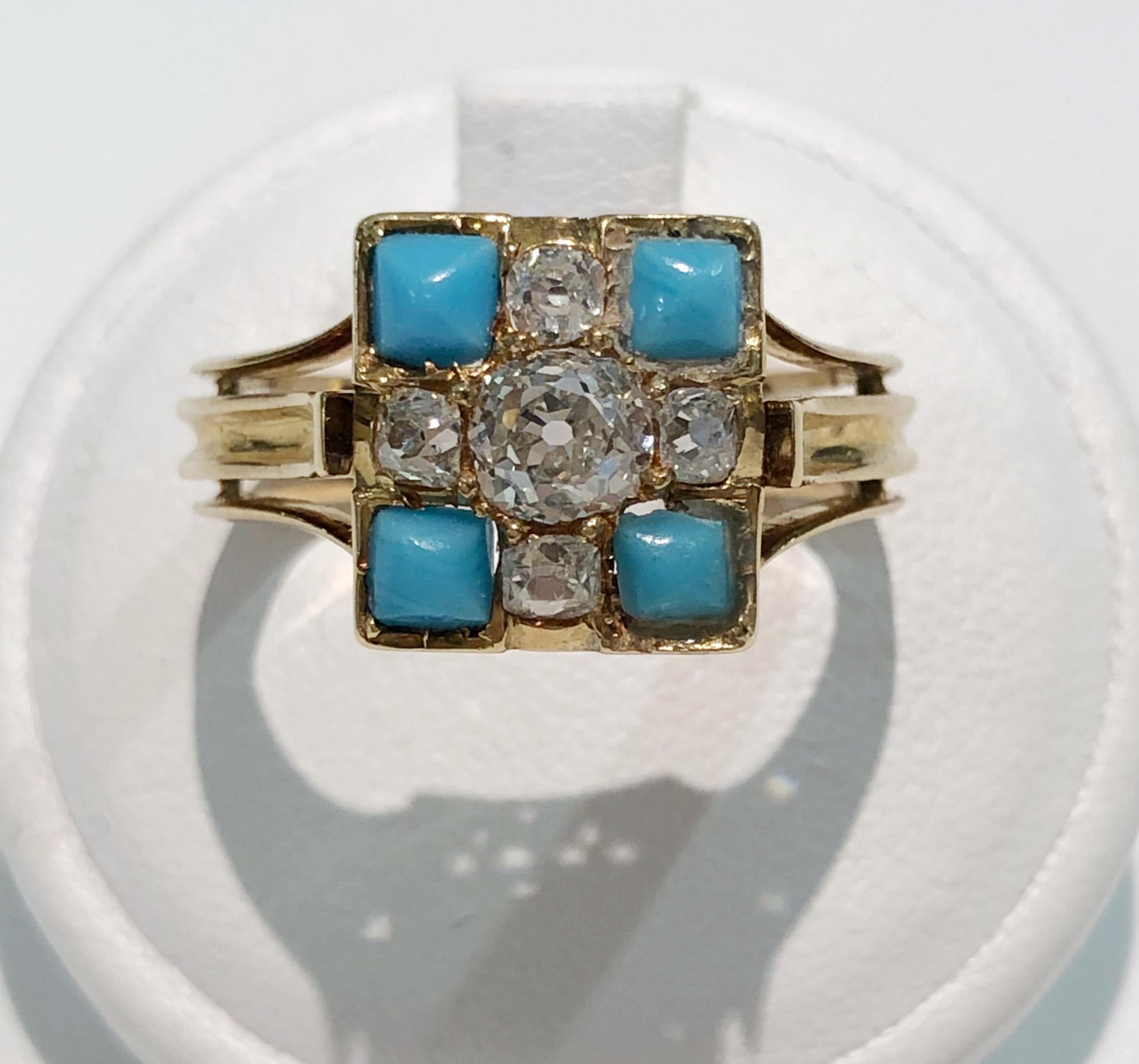 Vintage square ring with 18 karat yellow gold band, turquoise and diamonds, Italy 1890s-1910s
Ring size US 7