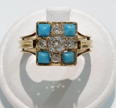 Antique 18kt Yellow Gold Turquoise & Diamond Cluster Ring, Italy 1890s