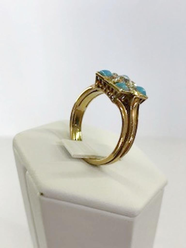 Women's or Men's 18 Karat Yellow Gold Diamond and Turquoise Ring For Sale