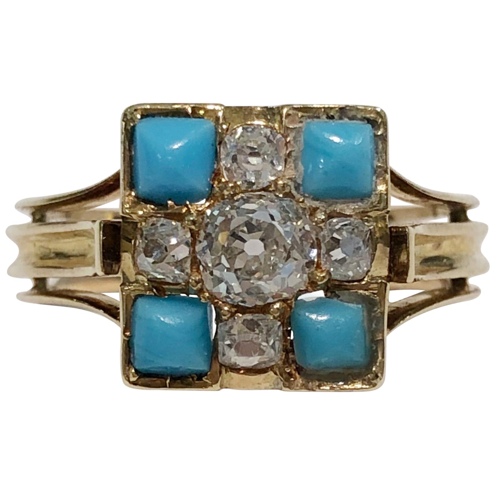 18 Karat Yellow Gold Diamond and Turquoise Ring For Sale