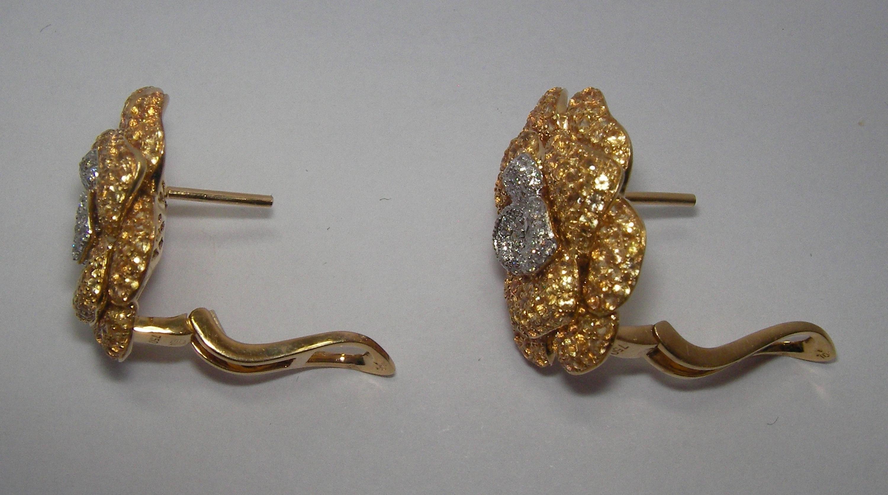 Mixed Cut 18 Karat Yellow Gold Diamond and Yellow Sapphire Flower Earrings