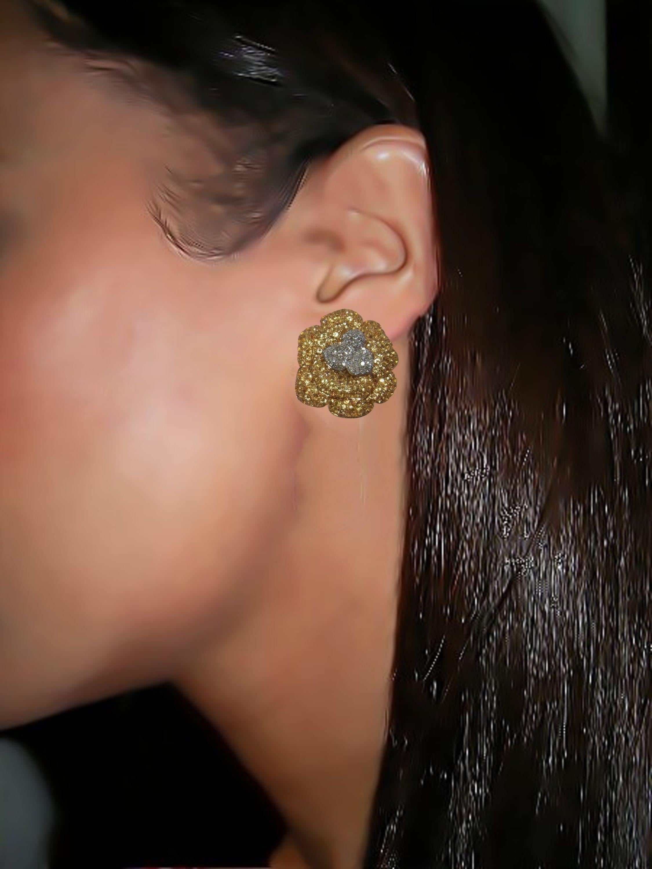 18 Karat Yellow Gold Diamond and Yellow Sapphire Flower Earrings 1